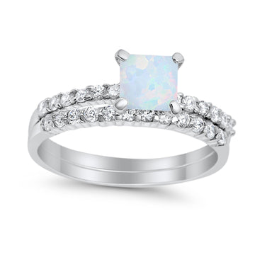 Wedding Ring Bridal Princess Cut Lab Created White Opal 925 Sterling Silver
